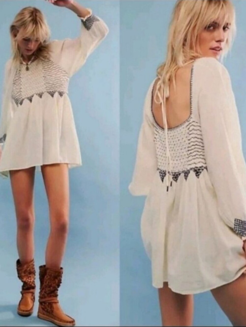 NWOT Free People What a Feeling Midi Dress MEDIUM Smocked Cream Navy Embroidery